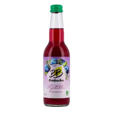 La kombucha est une boisson pétillante à base de thé fermenté, aromatisée myrtille verveine La kombucha est une boisson pétillante à base de thé fermenté, aromatisée myrtille verveine